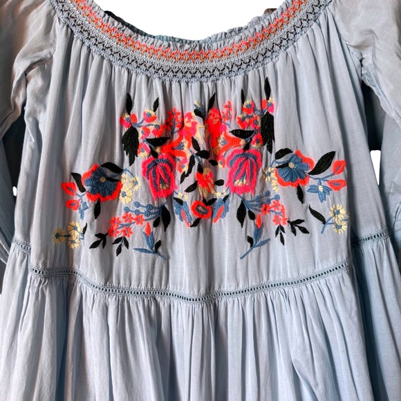 Free People Sunbeams Embroidered Off Shoulder Mini Dress Boho Blue Small - Picture 8 of 9
